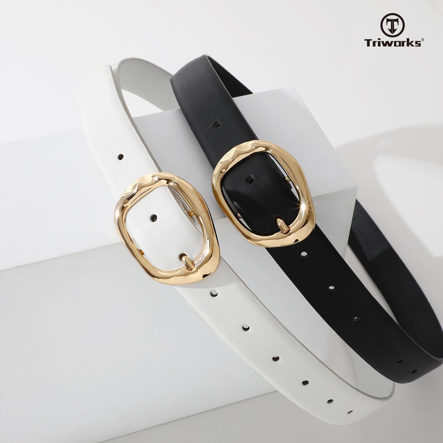 TRIWORKS 2 Pack Leather Belts for Women Fashion Waist Belt with Liquid Shapes Women Belt for Jeans Pants Dresses