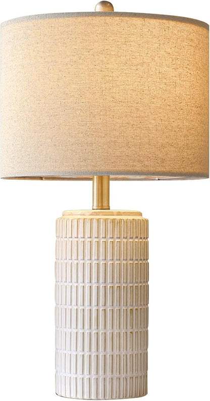 PoKat 23'' Bedside Table Lamp for Bedroom Nightstands, Ceramic Lamp for Living Room, White Night Stand Light with Round Linen Shade, Modern, Silver