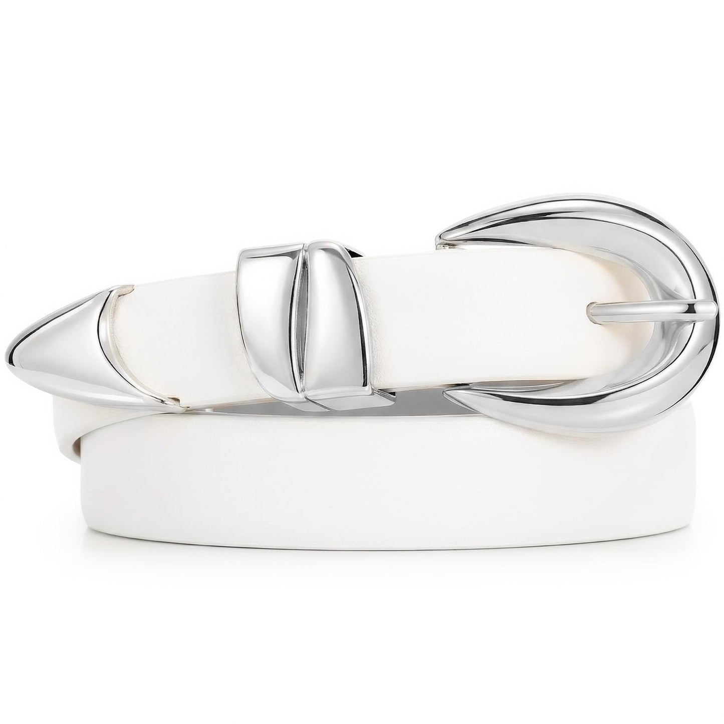 SANATHS Women Leather Belt for Jeans Pants Fashion Ladies Skinny Belt for Dresses Thin Belt with Silver Buckle,White,S