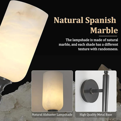 Alabaster Wall Sconce, 22in Modern Spanish Natural Marble Bathroom Vanity Sconces, Unique Indoor Black Wall Lighting Fixtures Decor for Bedroom Living Room Staircases