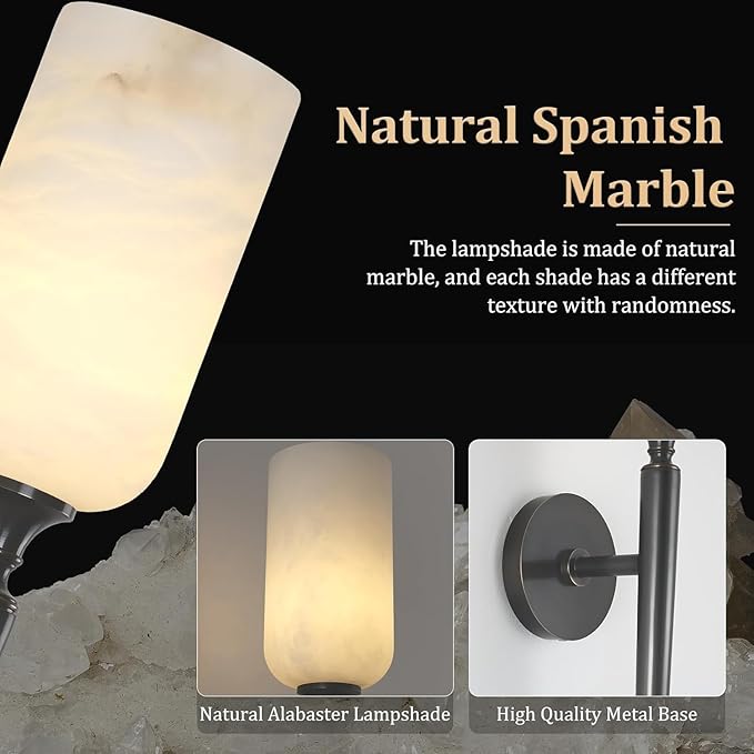 Alabaster Wall Sconce Set of 2, 22in Modern Spanish Natural Marble Bathroom Vanity Sconces, Indoor Black Wall Lighting Fixtures Decor for Bedroom Living Room Staircases