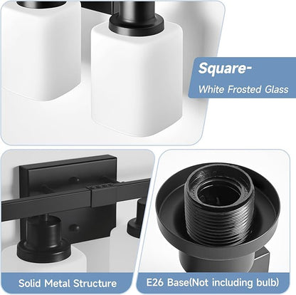4-Light Bathroom Vanity Light, Modern Matte Black Bathroom Light Fixtures with Square Frosted Glass, Wall Sconces fixtures Over Mirror Restroom,Living Room Hallway E26