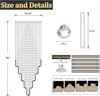 Flashing God D40''X H80'' High Ceiling Chandelier Crystal Raindrop Chandeliers Staircase Large Chandelier Villa Entrance Foyer Ceiling Light High Ceiling Pendant Light Fixture