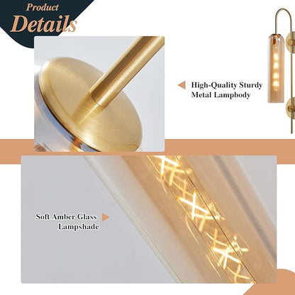 BOKT 1 Light Modern Amber Glass Wall Sconce 31" Mid Century Brushed Brass Tube Wall Sconces Lighting Gold Wall Mounted Light Fixture Indoor Bathroom Vanity Wall Lamp for Bedroom Living Room (Amber)