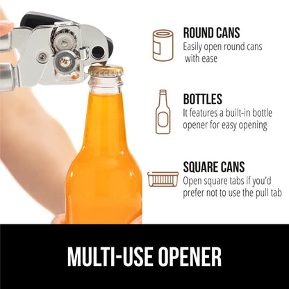 GORILLA GRIP Heavy Duty Stainless Steel Smooth Edge Manual Can Opener and Bottle Openers, Soft Comfortable Handle, Oversized Handheld Turn Knob, US Designed Multifunctional Kitchen Tool, Black