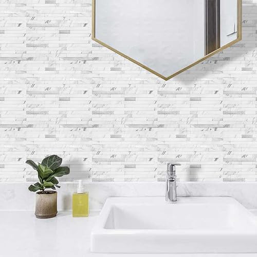DICOFUN Peel and Stick Backsplash Tile, PVC Mixed Metal Stick on Backsplash Tiles for Kitchen and Bathroom (1, White Marble & Metal Silver)