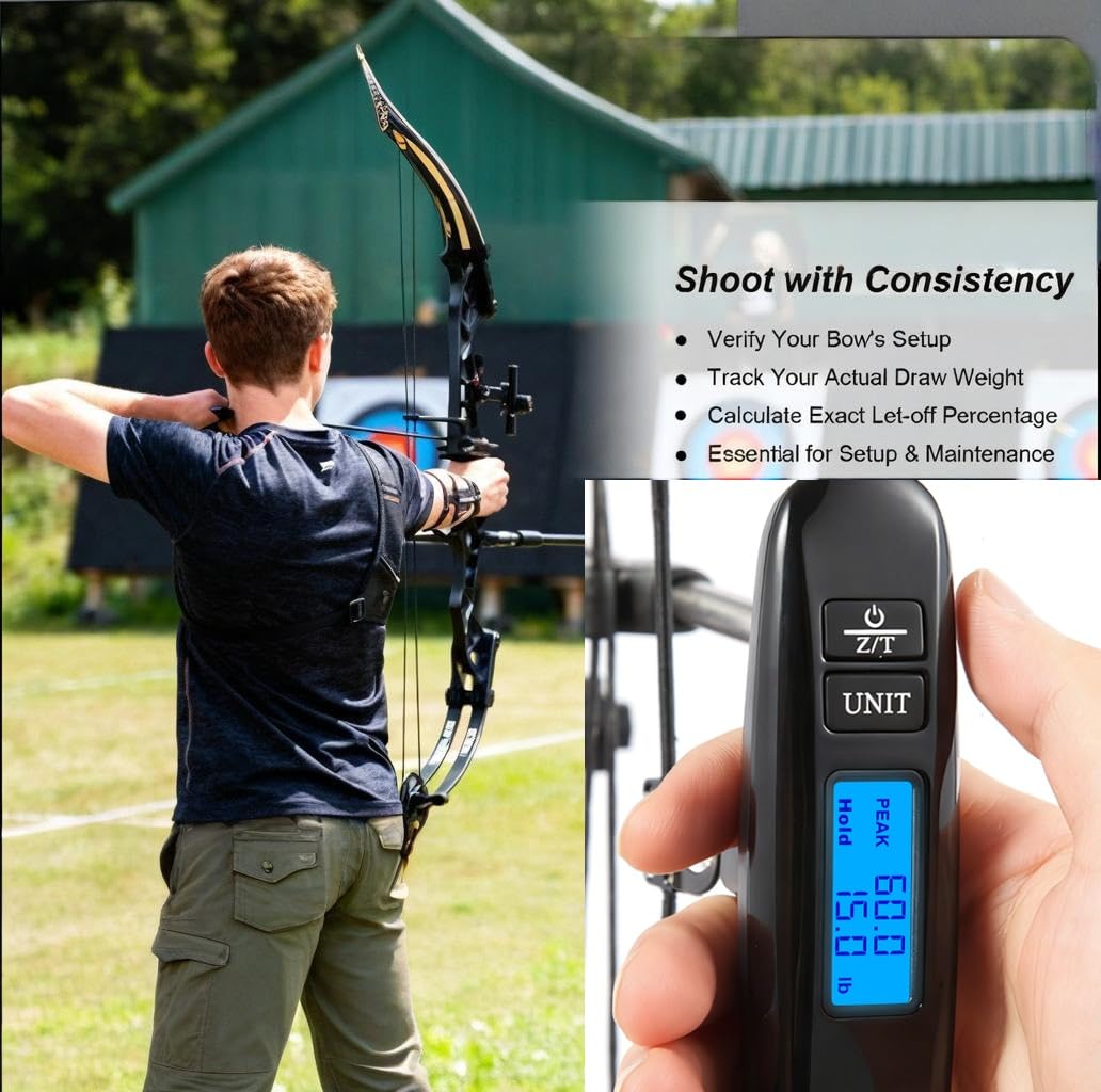 AHOSOUTLY Archery Bow Scale Recurve/Compound Bow 110LB/50KG Tuning Scale with Peak and Hold HD LCD Display LB/KG Battery Included（Black）