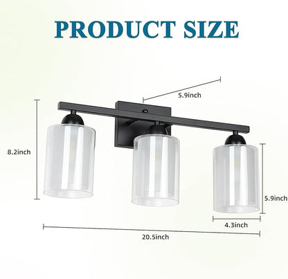 Matte Black Bathroom Vanity Light Over Mirror, 3 Light Bathroom Light Fixtures with Milk Glass and Clear Glass Shades, Modern Vanity Lighting Wall Mount