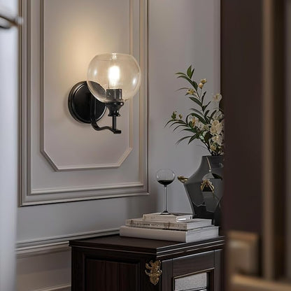 ANDY STAR 1-Light Bathroom Light Fixtures, Black Wall Sconces, Bathroom Vanity Light with Clear Glass Shade, Modern Wall Light Fixtures for Bath Mirror Hallway Bedroom Living Room, Hardwired, E26 Base