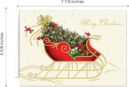 Canopy Street Masterpiece Holiday Sleigh Christmas Cards / 15 Traditional Holiday Cards With Coordinating White Envelopes Set / 5 5/8" x 7 7/8" Winter Greeting Cards With Inside Verse/Made In The USA