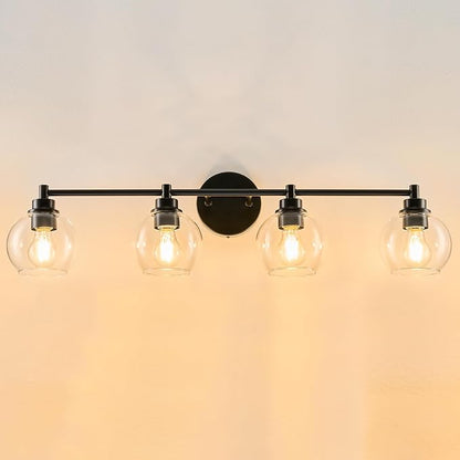 VONLUCE Bathroom Light Fixtures, 4-Light Bathroom Vanity Light with Globe Glass Shades E26 Sockets, Vanity Lights Over Mirror for Bedroom Hallway Living Room, Black Finish
