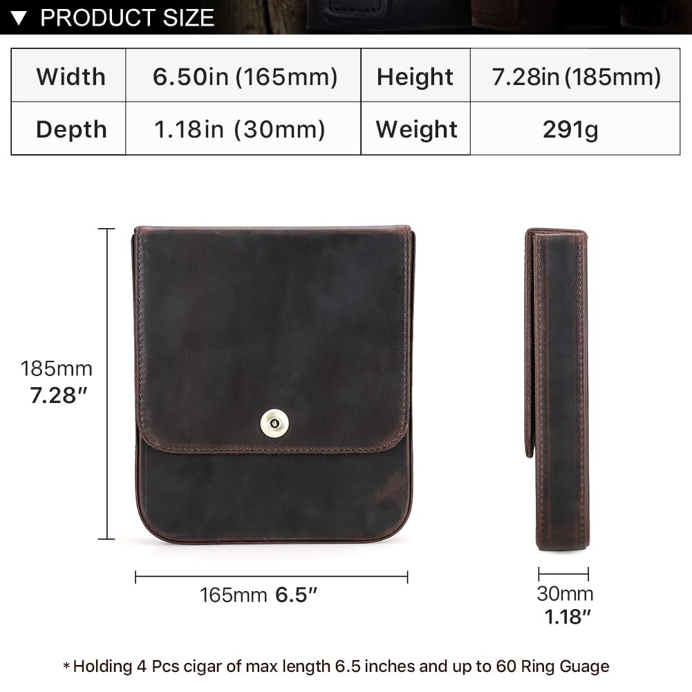 Hiram Vintage Leather Cigar Case for 4 Cigars Travel Cigar Holder with Fisheye Magnetic Buckle Includes Lighter & Cutter Slots Fits 60 Ring Gauge & 6.5 Inch Length Cigars Retro Portable Pouch