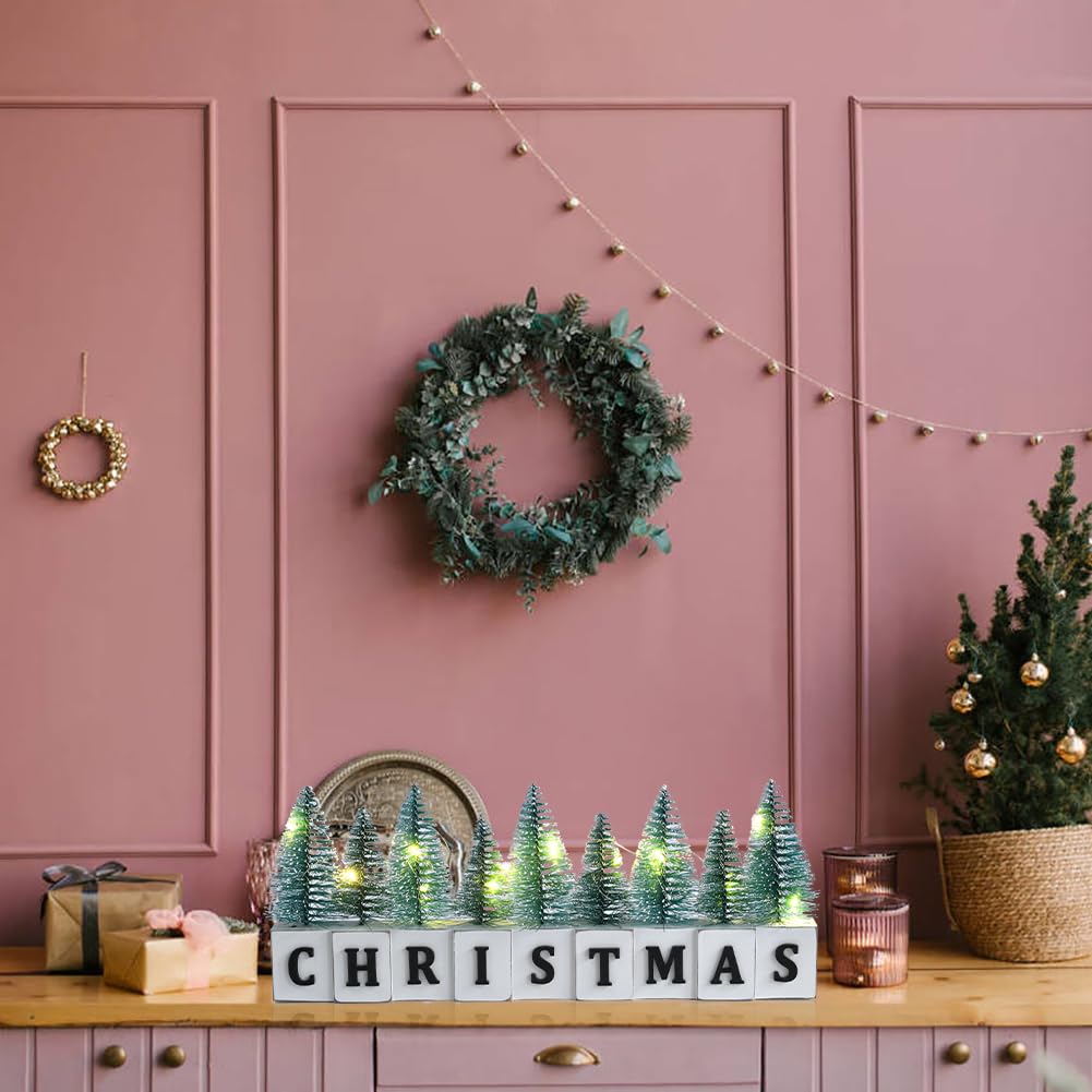LED Lighted Christmas Tree Tabletop Decoration, Rustic Wooden Christmas Decor with Mini Trees, Xmas Sign Block Table Farmhouse Winter Holiday Centerpiece for Indoor Mantel, Shelf (Green)