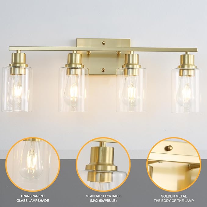 4-Lights Gold Bathroom Vanity Light Fixtures,Brushed Gold Wall Sconces with Clear Glass Shades, Farmhouse Modern Wall Lighting for Mirror,Living Room,Bedroom