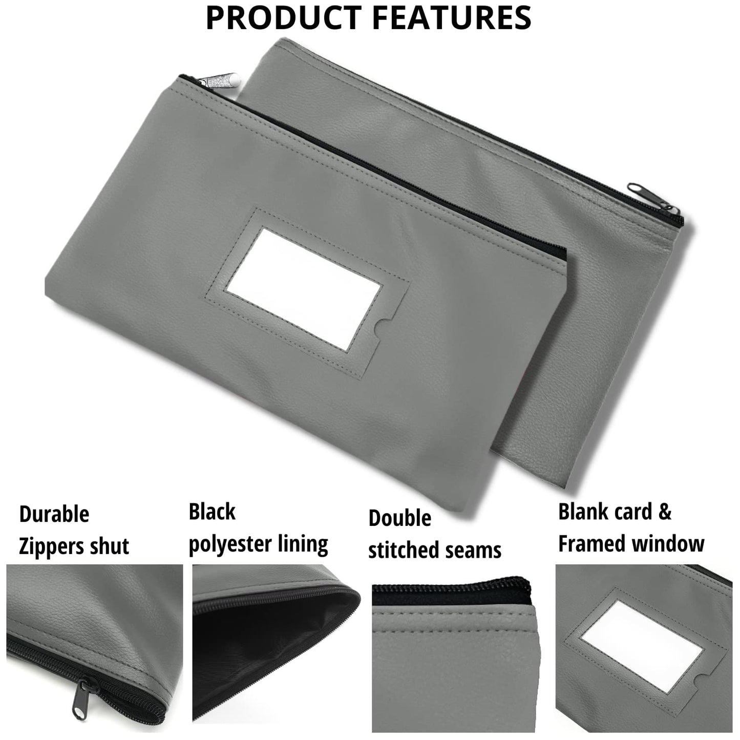 Money Bank Deposit Bag with Zipper | 11x6 inch | Grey | Durable Leatherette Money Cash Coin Check Wallet Pouch for Men & Women with Framed ID Window and Blank Card | by GIDABRAND (7)