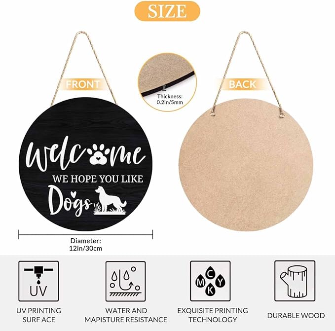 Cute Welcome Sign for Front Door We Hope You Like Dogs 12x12 in Hanging Outdoor Home Porch Decorations