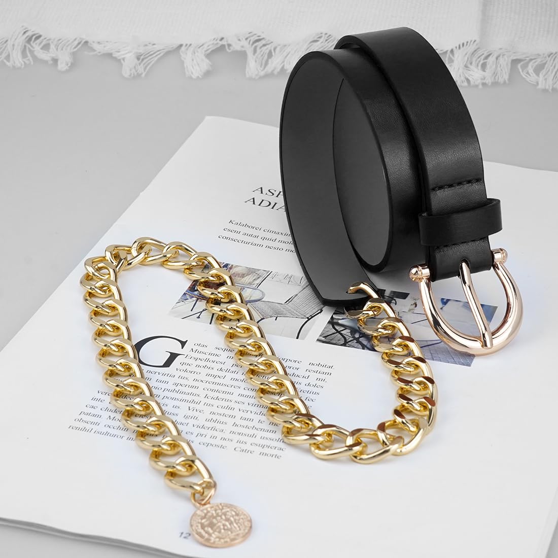 Heyjoin Waist Chain belts for Women Metal Body Waist Belt Chunky Leather Belly Link (Buckle Leather Black-M)
