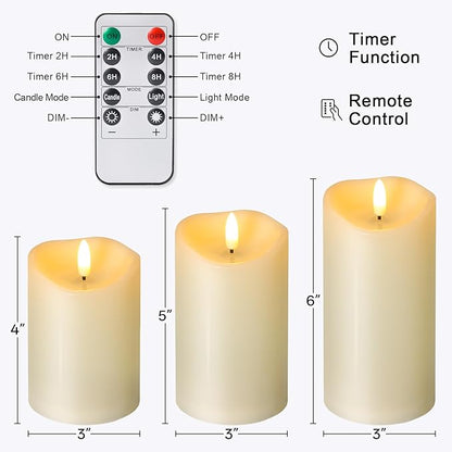 NURADA Outdoor Flameless Candles with Remote Timer - Waterproof Realistic Flickering LED Pillar Electric Battery Operated Fake Candle for Holiday Home Wedding Fireplace Decor - 3 Pack Ivory