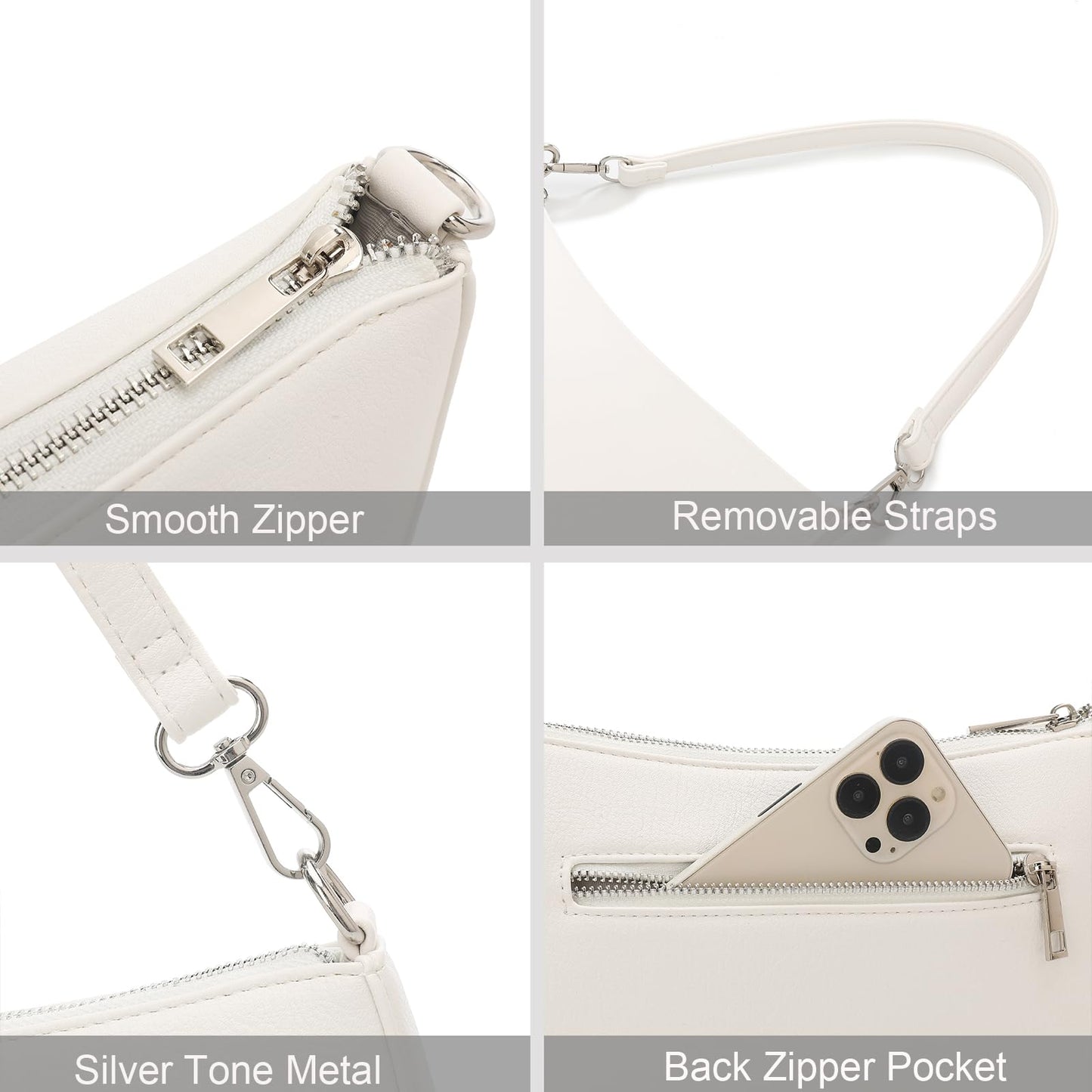 NIUEIMEE ZHOU Small Shoulder bag with 2 Removable Straps Cross Body Clutch Purse Handbag for Women (Style 3-Leather White)