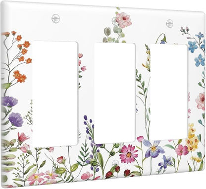 Rustic Wild Floral Vintage Watercolor Flower Triple Rocker/Decora Wall Plate 3 Gang Light Switch Outlet Cover Plate Decorative Switchplate Electrical GFCI Faceplate for Kitchen Bedroom Decor