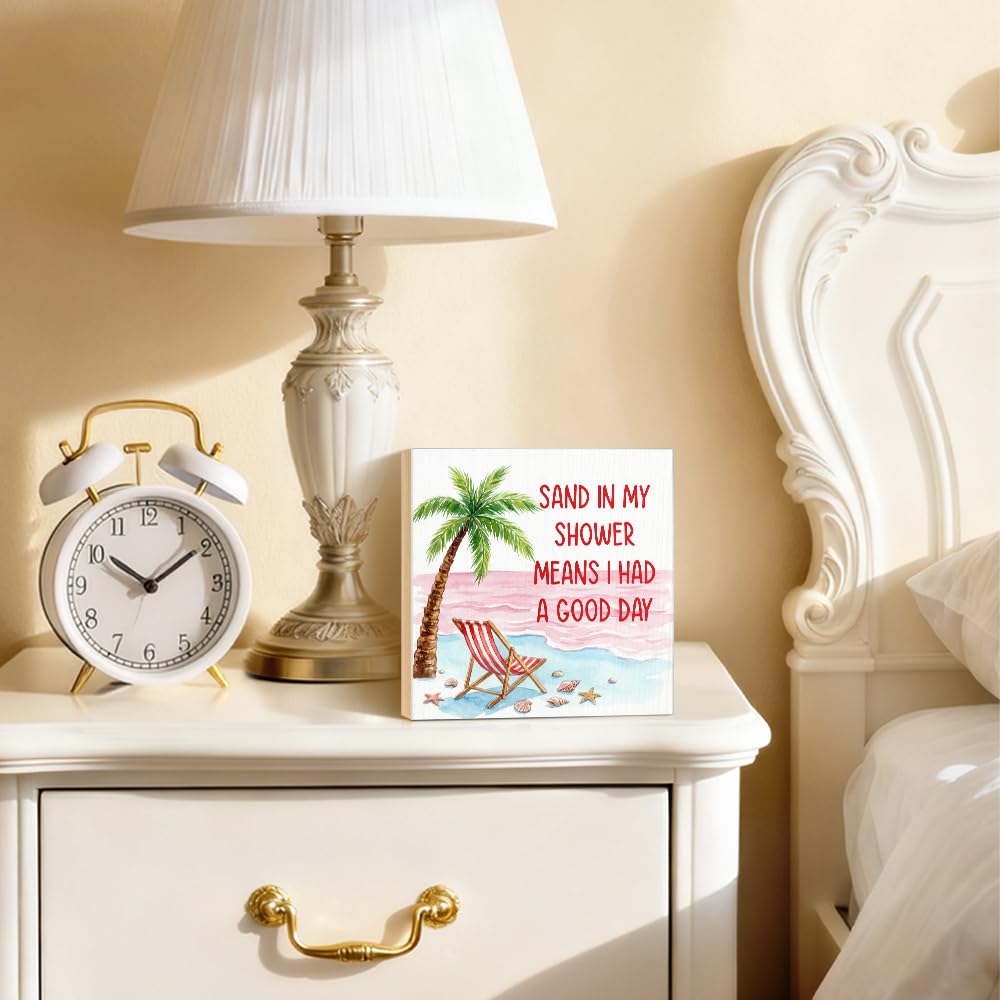 JQYCJTR Sand in My Shower Means I Had a Great Day Wood Block Plaque Box Sign for Home Living Room Coffee House Bar Shelf Table Decoration, Coastal Easter Beach Sign, Coastal Bathroom Home Decor