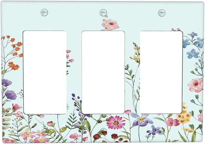 Rustic Wild Floral Vintage Blue Watercolor Flower 3 Gang Rocker Light Switch Covers Decorative Unique Triple Outlet Wall Plate Cover Faceplate Decorative Switchplate GFCI for Bedroom