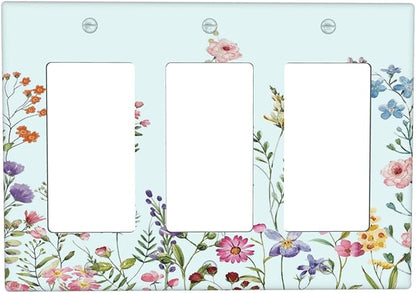 Rustic Wild Floral Vintage Blue Watercolor Flower 3 Gang Rocker Light Switch Covers Decorative Unique Triple Outlet Wall Plate Cover Faceplate Decorative Switchplate GFCI for Bedroom