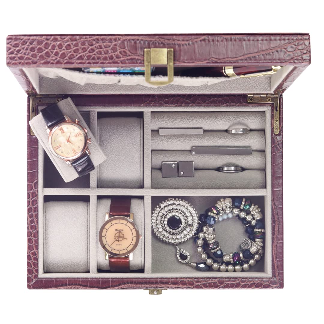 Decorebay Executive PU Crocodile Leather Watch Box, Cufflink, Ring Storage Jewelry Box Organizer for Men (Seal Brown)