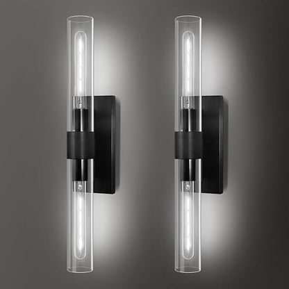 Modern Wall Sconces, Bathroom Wall Sconce, 22.8" Black Wall Lamps, 2-Light Dimmable Sconces Wall Lighting with Glass, Vanity Light Tube Sconce for Bedroom Living Room, Hallway