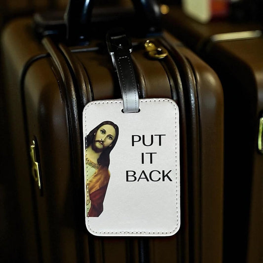 Decorative Novelty Luggage Tag with 'Put It Back' Message, White Faux Leather, Address Card Slot, 2-Pack