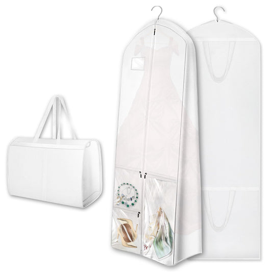 Dress Garment Bags, Long Garment Bags for Travel, 70’’ Wedding Dress Cover with Handle, Foldable Clothing Bag with Pockets and Zippers, White, 180 cm