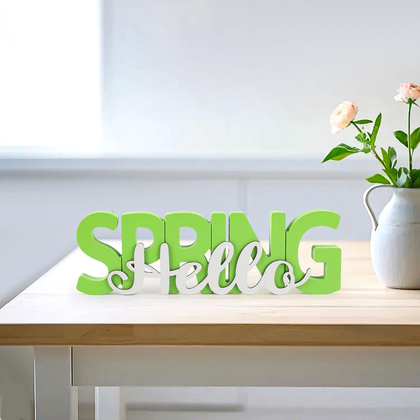 COCHIE Wooden Hello Spring Sign, Spring Decorations for Home, Office, Shelf, Mantel, Indoor, Wood Spring Decor, Spring Table Top Party Decoration (Hello Spring)