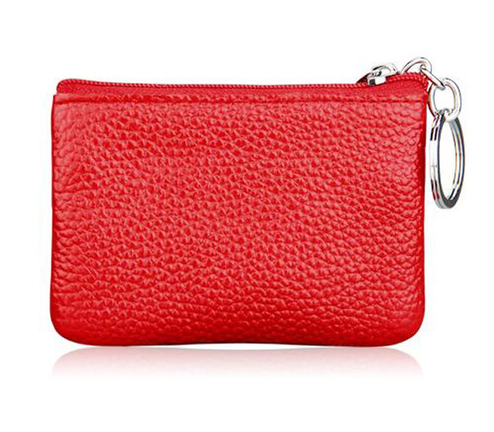 iToolai Women's Leather Small Coin Change Purse with Keychain, Mini Card Holder Wallet, Red