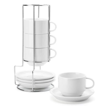 Sweese 8 Ounce Porcelain Stackable Cappuccino Cups with Saucers and Metal Stand - for Specialty Coffee Drinks, Cappuccino, Latte, Americano and Tea - Set of 4, White