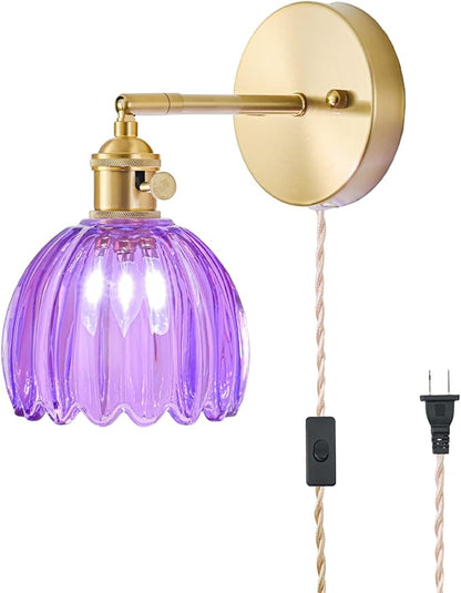 Plug in Wall Sconce, Vintage Sconce Light with Tulip Purple Glass Lampshade, 180° Adjustable Wall Sconce with Switch and Plug in Wall Lamp Cord, Gold Wall Light for Bedroom Bedside