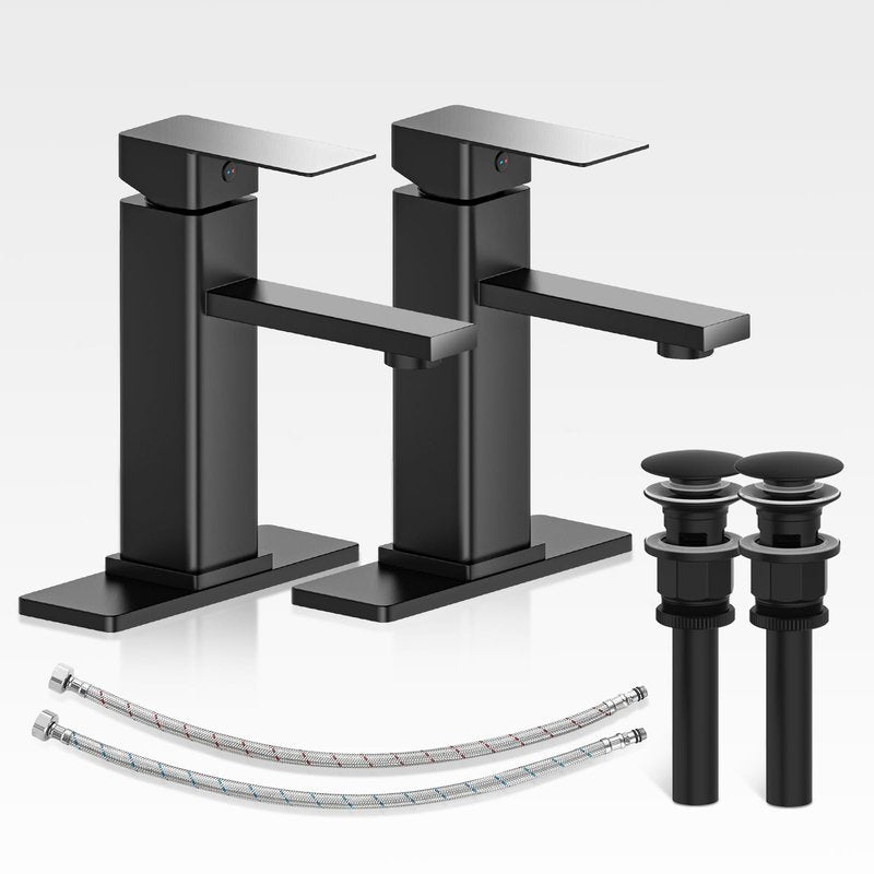 Casavilla Bathroom Faucets Set with Pop Up Drain, Modern Single Handle Black Bathroom Sink Faucet w/Deck Plate(1 or 3 Hole), Farmhouse RV Vanity Sink Faucet-2 Sets, baño lavamanos Llave