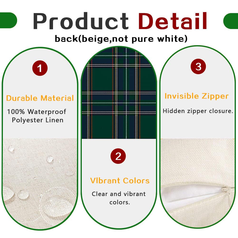 RABUSOFA Christmas Pillow Covers 18x18 Inch Set of 2 Indoor Outdoor Waterproof Scottish Tartan Plaid Classic Throw Decorative Cushion Cases for Christmas Decor Decorations Couch Patio Dark Green