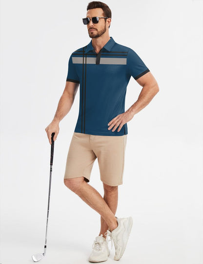 Poriff Mens Golf Shirts Short Sleeve Moisture Wicking Performance Quick Fit Casual Collared Golf Polo Shirt for Men Blue Print L