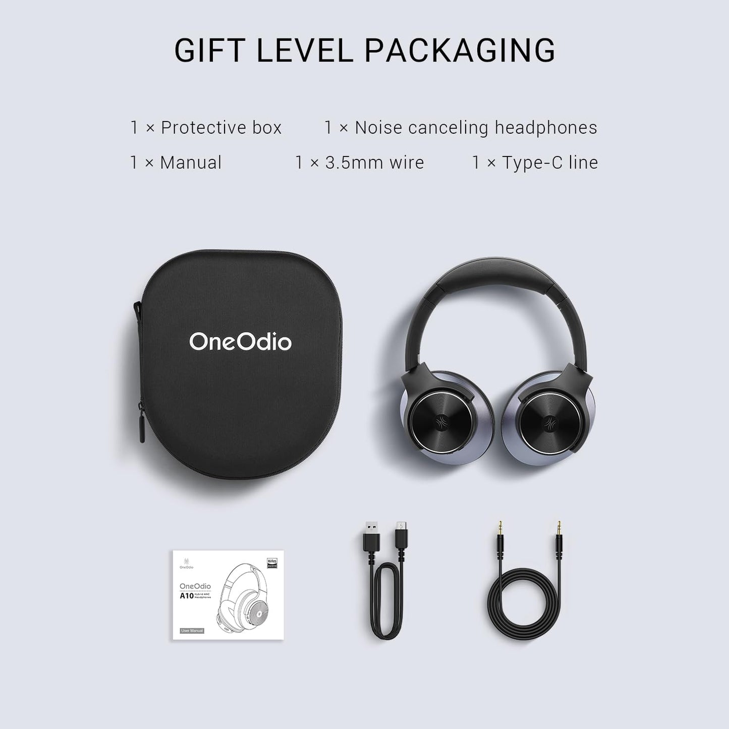 OneOdio Focus A10 - Hybrid Active Noise Cancelling Headphones, Wireless Over-Ear Headphones with 62H Playtime, Fast Charging, Hi-Res Audio, Clear Calls, Bluetooth & Wired Mode for Travel Work