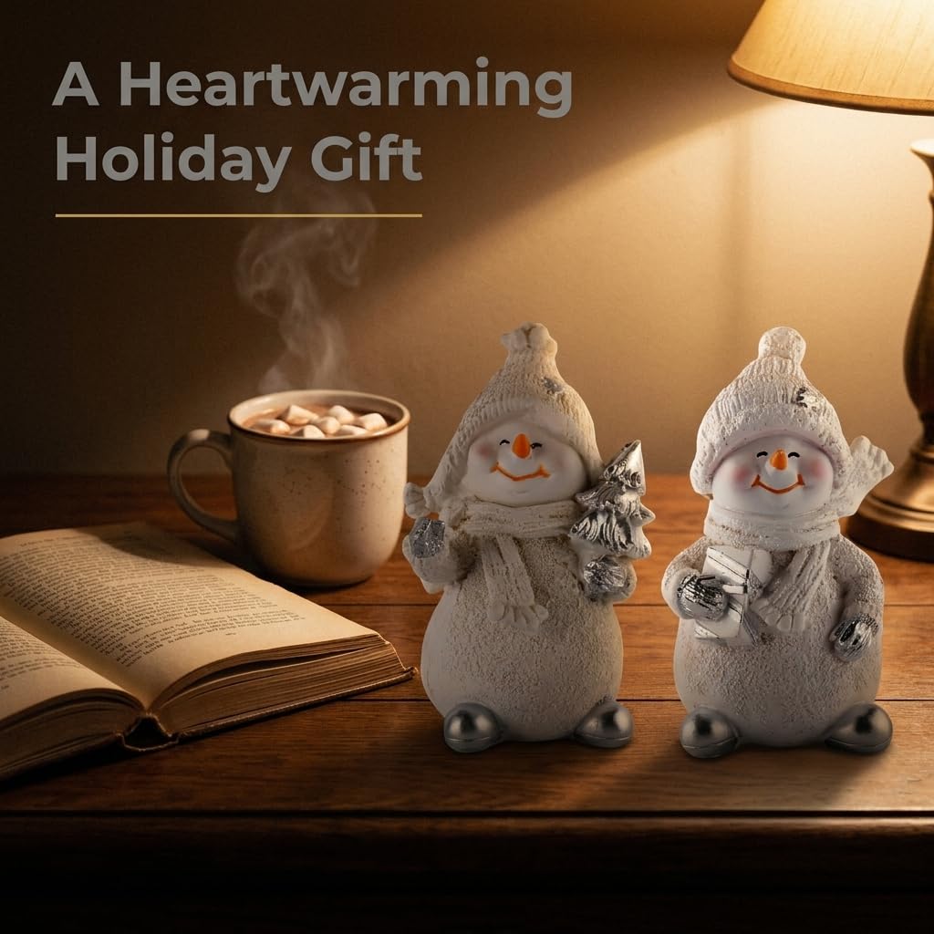 Brizoria Snowman Figurines Set of 2 White Resin Christmas Decorations with Silver Accents Winter Mantel Decor and Holiday Centerpieces for Table Home Indoor Tiered Tray Room Display