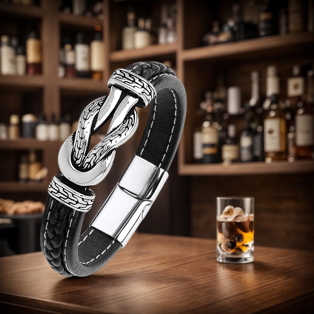 LJWVX Men's Braided Black Leather Bracelet Wristband Cuff Bracelet for Men Gifts Stainless Steel Clasp