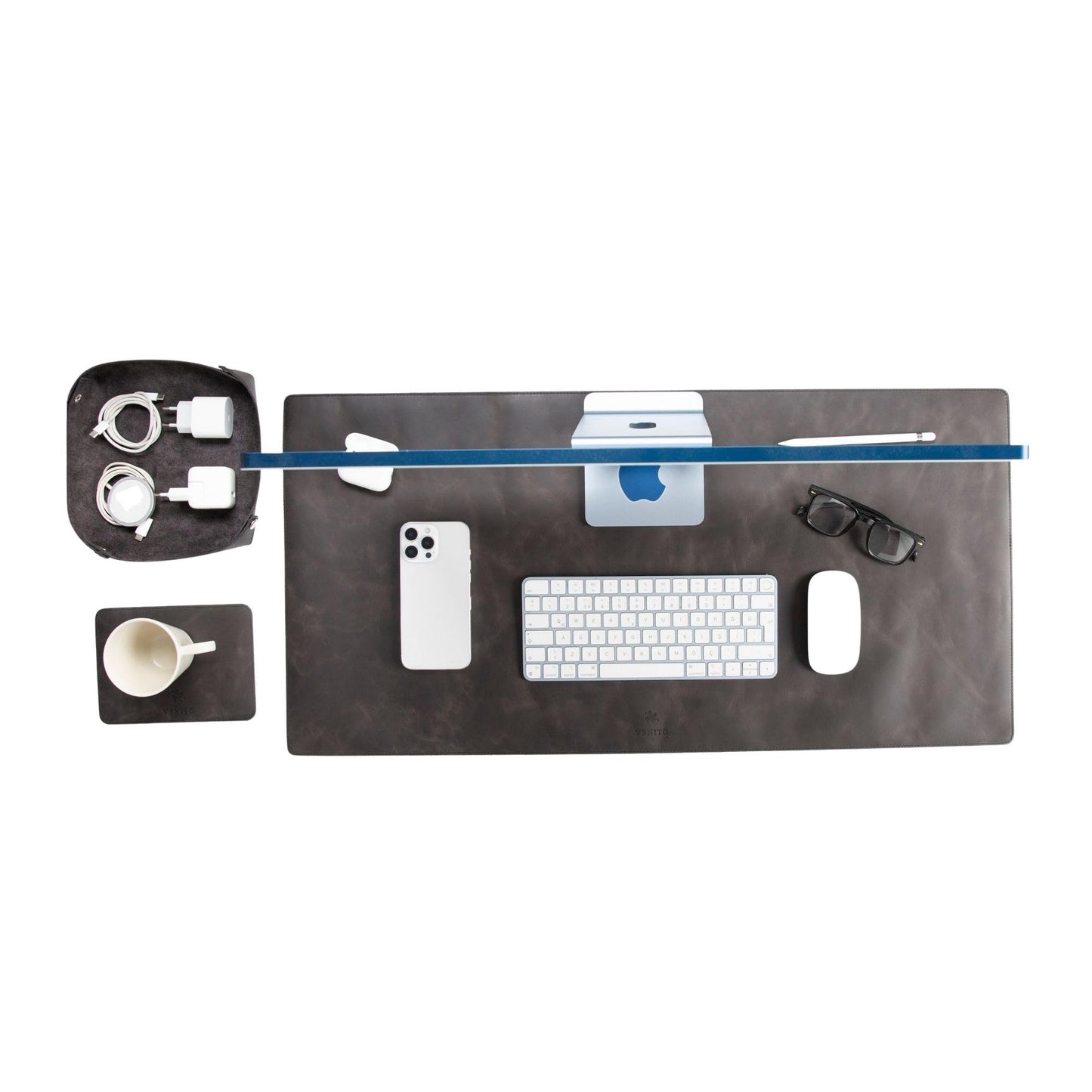 VENITO Leather 3-in-1 Desk Mat Set – Desk Mat (32"x16"), Organizer Tray & Cup Coaster – Full-Grain Leather Desk Pad for Office & Home – Elegant Workspace Accessories for Men & Women, Asphalt
