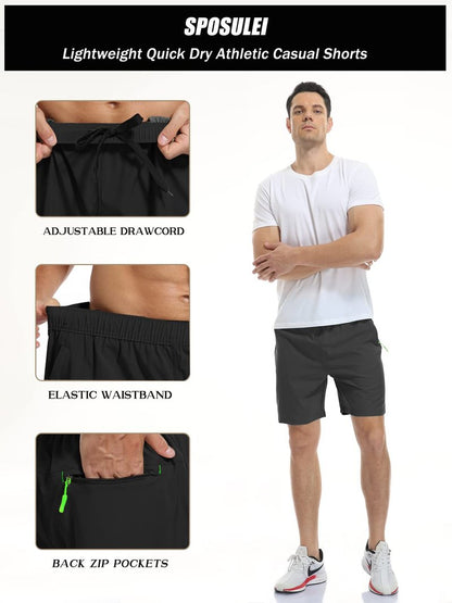 Men's Athletic Shorts Quick Dry Lightweight Gym Running Casual 7 Inch Inseam Shorts with Zipper Pockets Black Large
