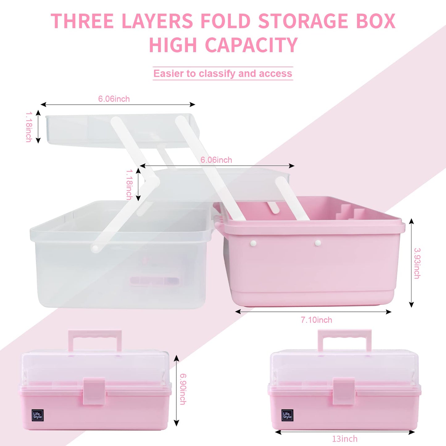 Creahaus 13 inch Art Craft Organizer Storage Box with 3 Layer, Multipurpose Plastic Tool Box with Handle for Sewing, Art Supply, Medicine, Nail, Hair Accessories (Pink)