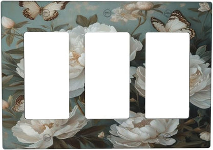 Decorative Art Light Switch Covers Butterflies & Peonies 3 Gang Triple Rocker Outlet Switch plate GFCI Faceplate GFCI for Home Decor