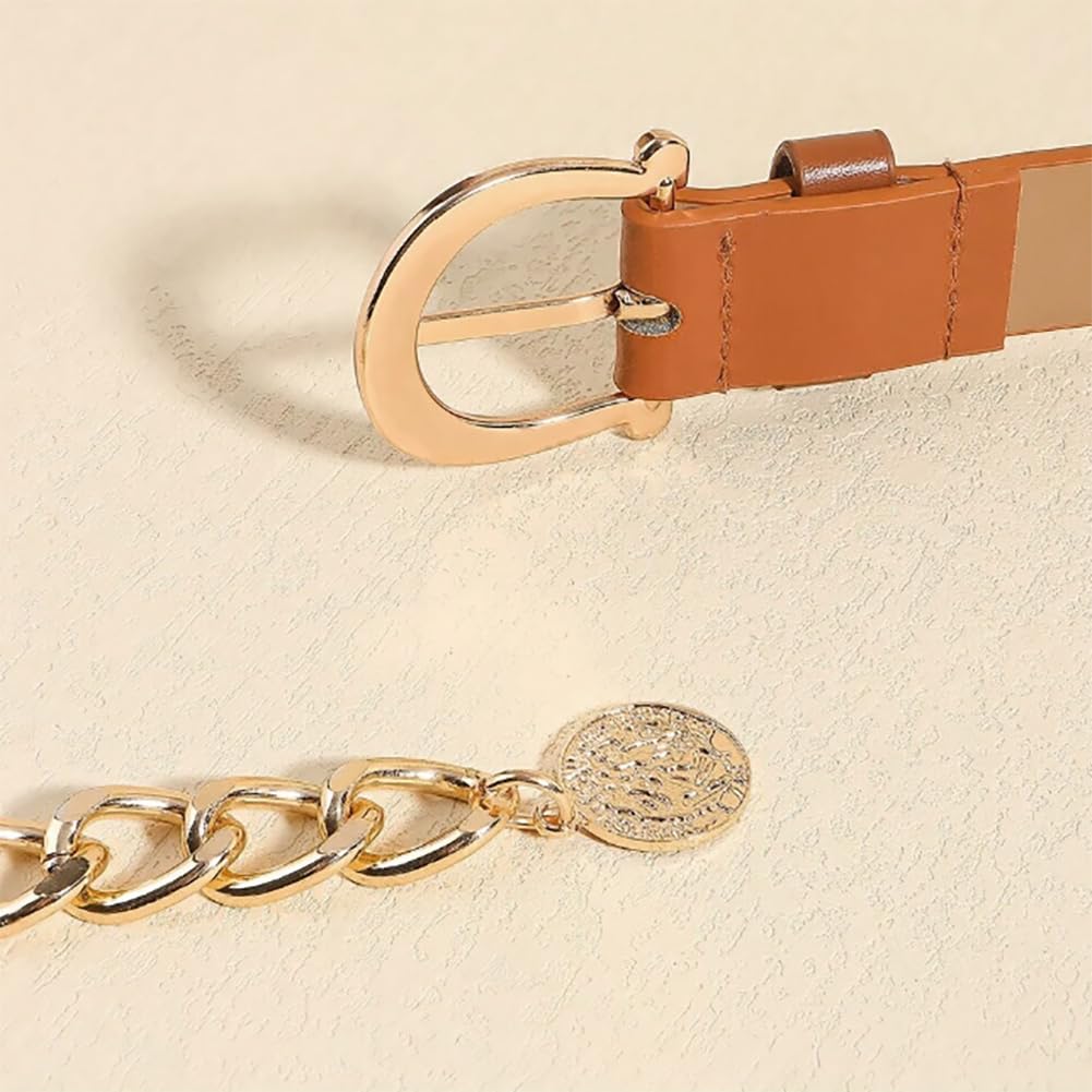 Heyjoin Waist Chain belts for Women Metal Body Waist Belt Chunky Leather Belly Link (Buckle Leather Camel-M)