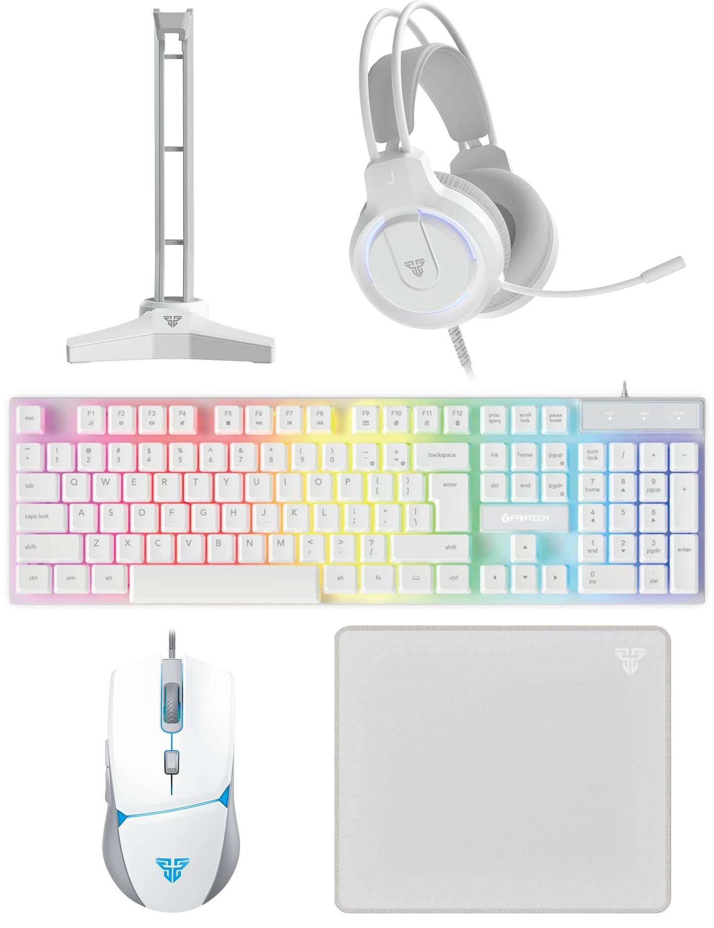 FANTECH 5 in-1 Gaming Keyboard and Mouse Combo, Rainbow LED Backlit Wired Keyboard, Headset and Headphone Stand Gaming Mouse Pad,Wired Mice, for,PC,Laptop,Xbox White