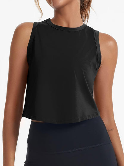 Fisoew Womens Workout Cropped Tank Tops Racerback Sleeveless Crewneck Running Yoga Active Shirts Black