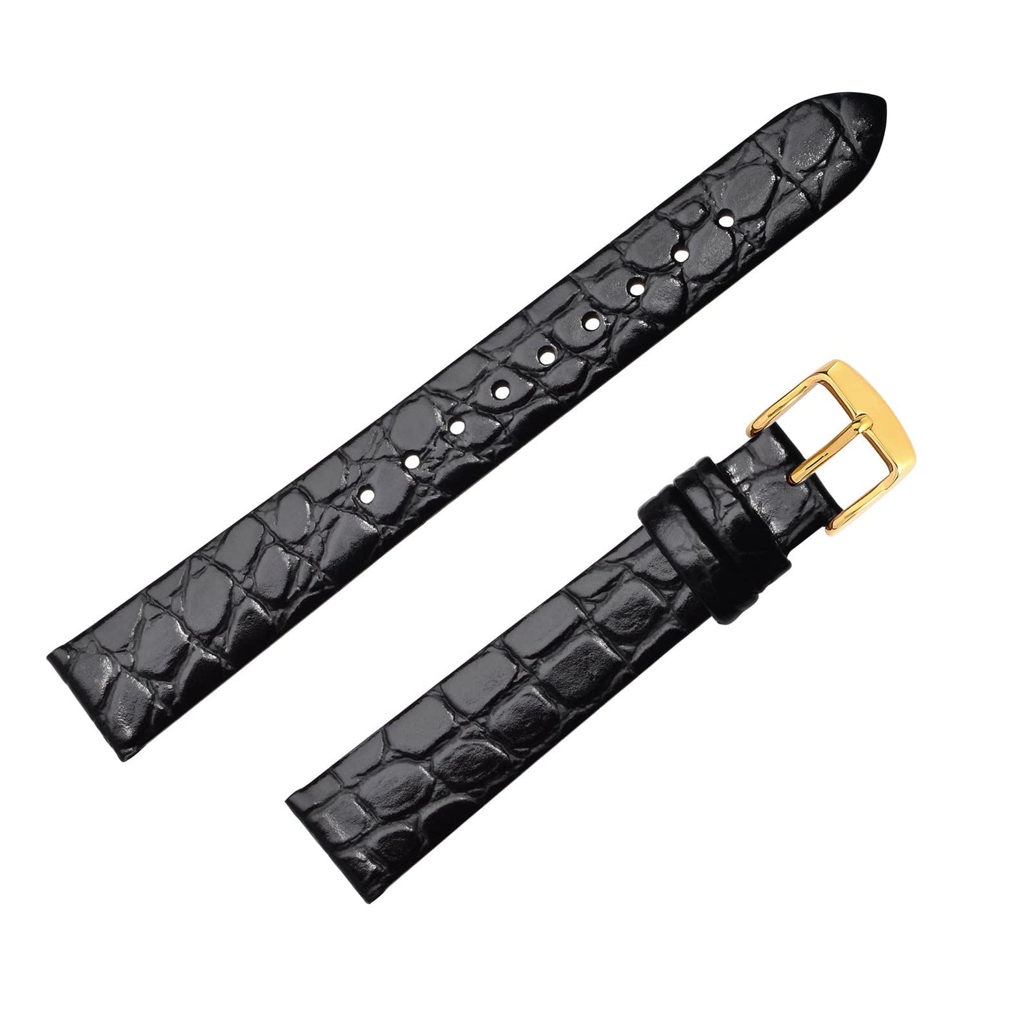 BISONSTRAP Watch Straps for Women, Crocodile Pattern Leather Thin Watch Replacement Bands,8mm, Black with Gold Buckle