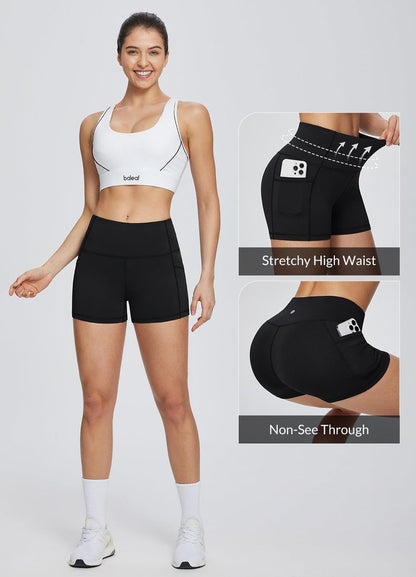 baleaf Gym Workout Shorts Women 3" Biker Yoga Spandex Running Volleyball Tummy Control Compression Short with Pockets Black XXXL